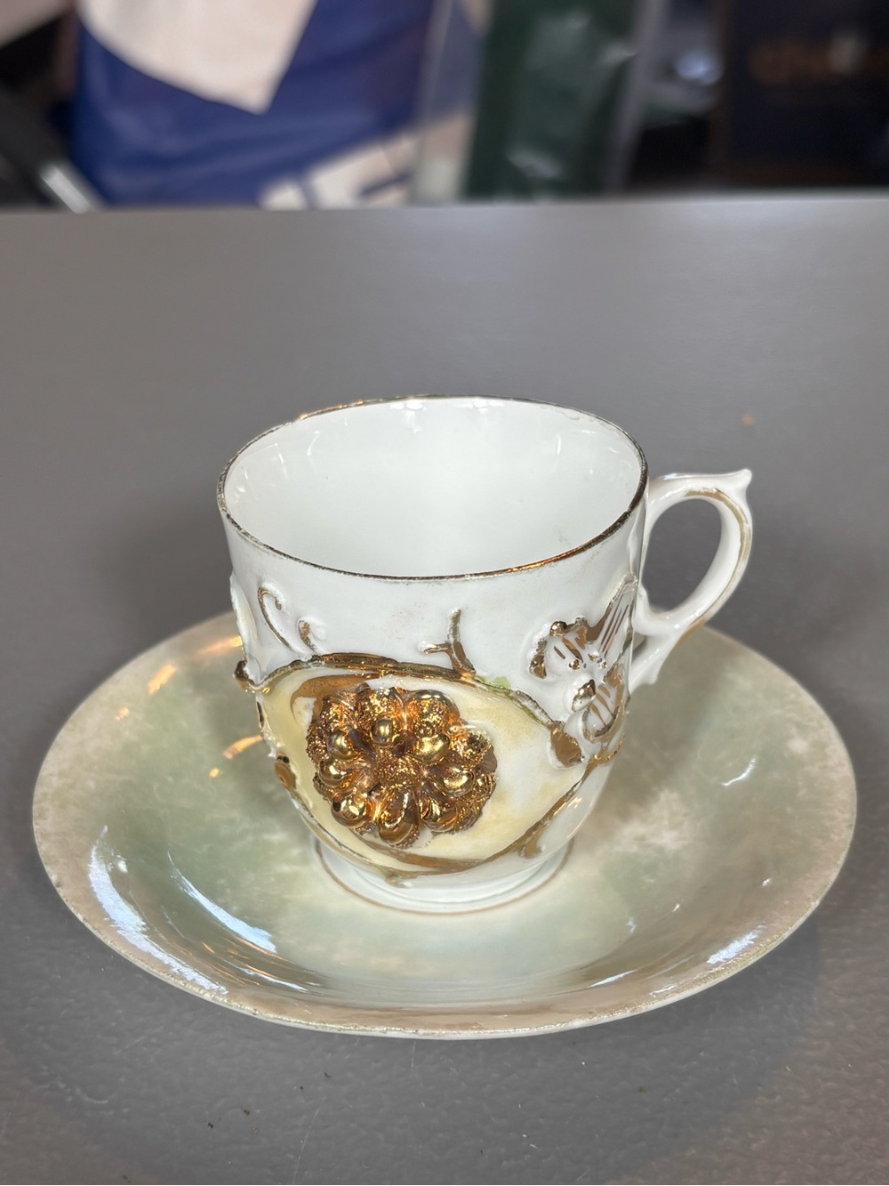 Unbranded Raised Gold Floral Butterfly Demitasse Cup & Saucer